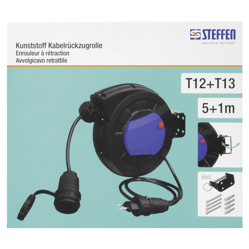 Avvolgicavo retrattile 1xT13 Td 3x1.5mm2 5m con spina T12 1m nr/bl