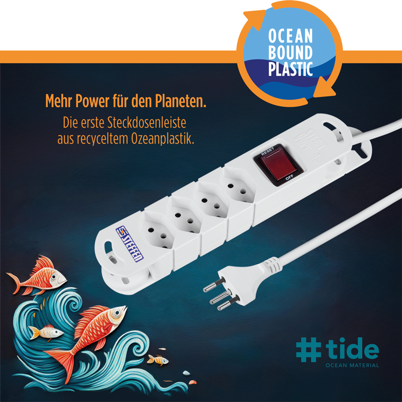 Steckdosenleiste TIDE  4xT13 3m mit Schalter und Haftmagnete ws