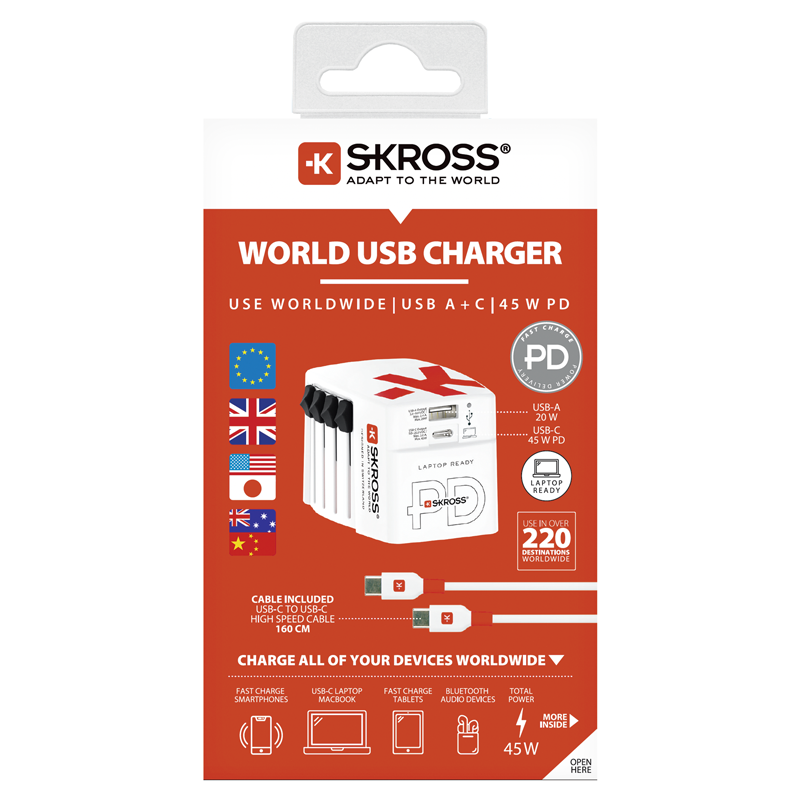 SKROSS Reiseadapter World + 2x USB, 3-polig, max. 4.8A, mit Sicherung, ws