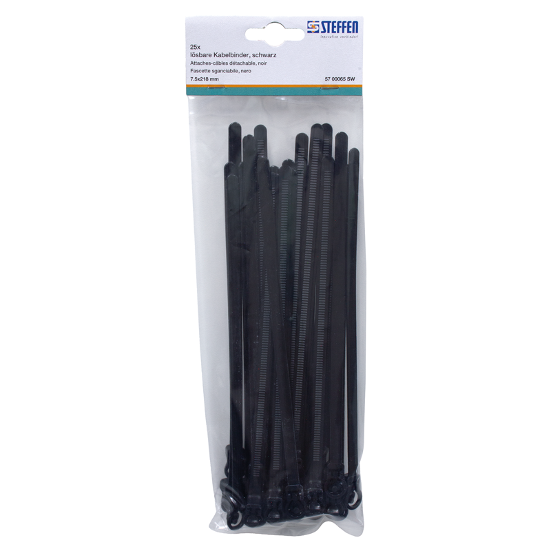 Fascette nera 218mm x 7.5mm facile sganciabile, Pack à 25 pz.