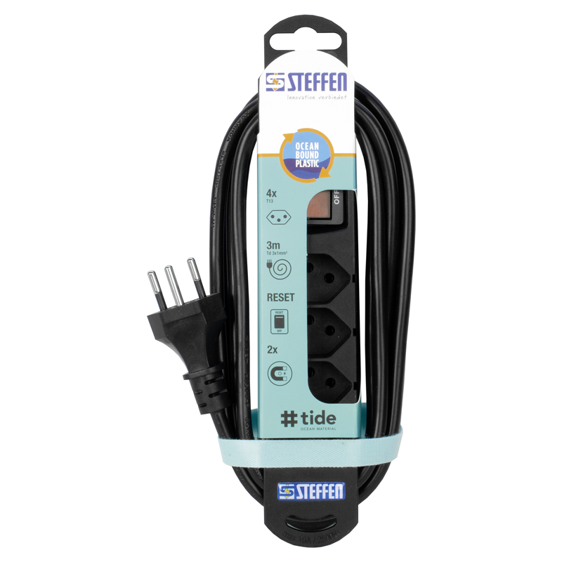 Steckdosenleiste TIDE  4xT13 3m mit Schalter und Haftmagnete sw