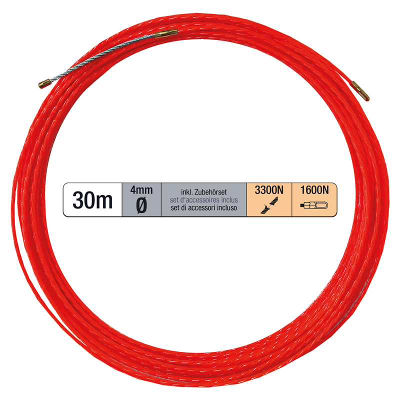 Tire-fil PROFFESSIONAL 30m Ø 4mm avc ressort de recherche + jeu d'accessoires rg