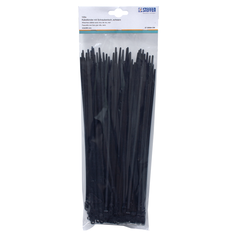 Fascette con foro per vite nera 300mm x 4.8mm, Pack à 100 pz.