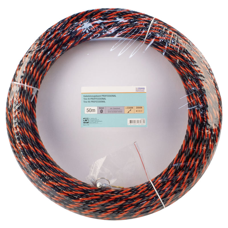 Tire-fil PROFFESSIONAL 50m Ø 6mm avc ressort de rech. + jeu d'accessoires nr/rg