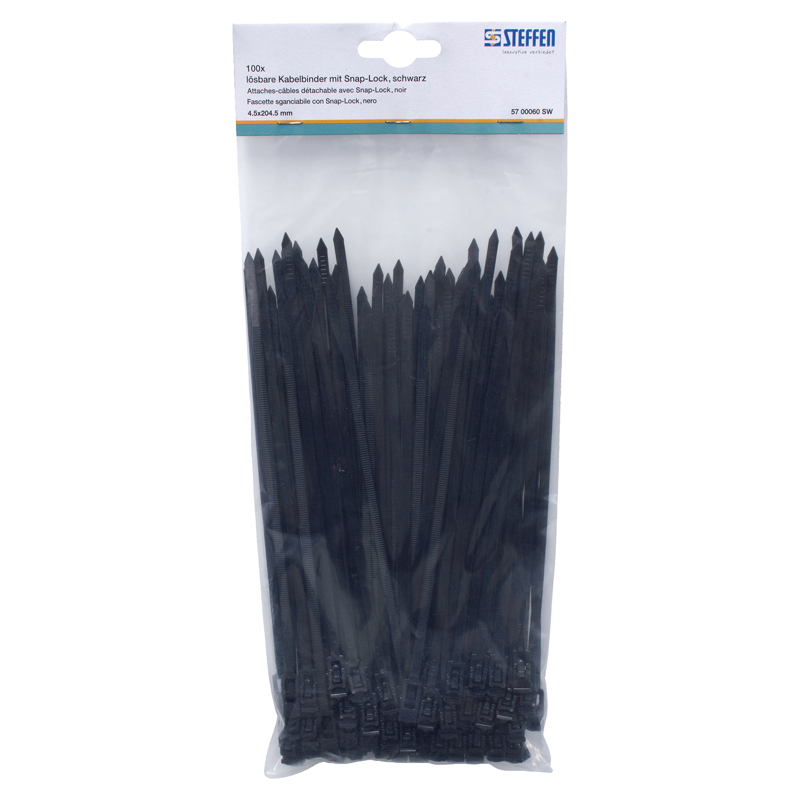 Fascette con Snap-Lock nera 204.5mm x 4.5mm sganciabile, Pack à 100pz.