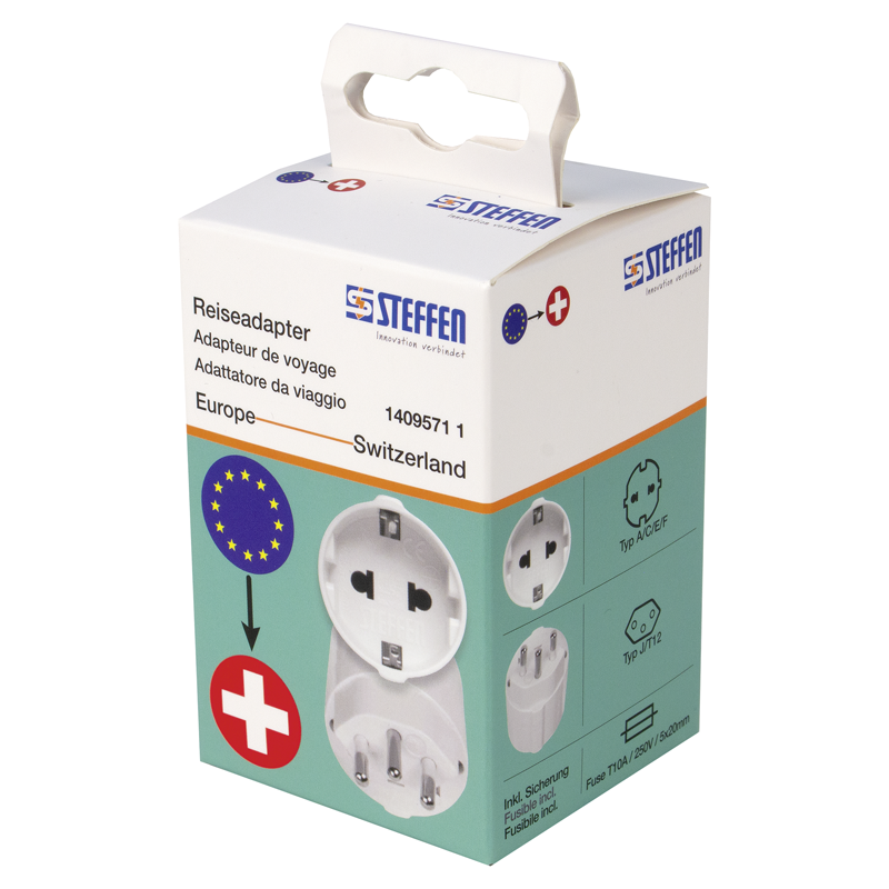 Reiseadapter Europa - Schweiz 3-polig dezentral max. 10A mit Sicherung ws