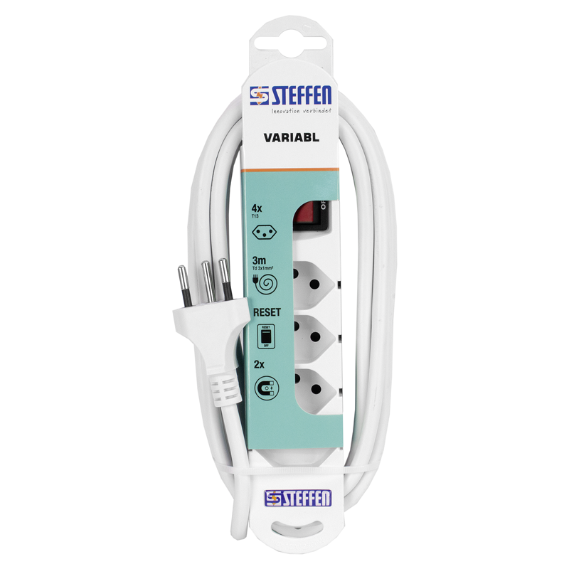 Steckdosenleiste VARIABL 4xT13 3m mit Schalter und Haftmagnete ws